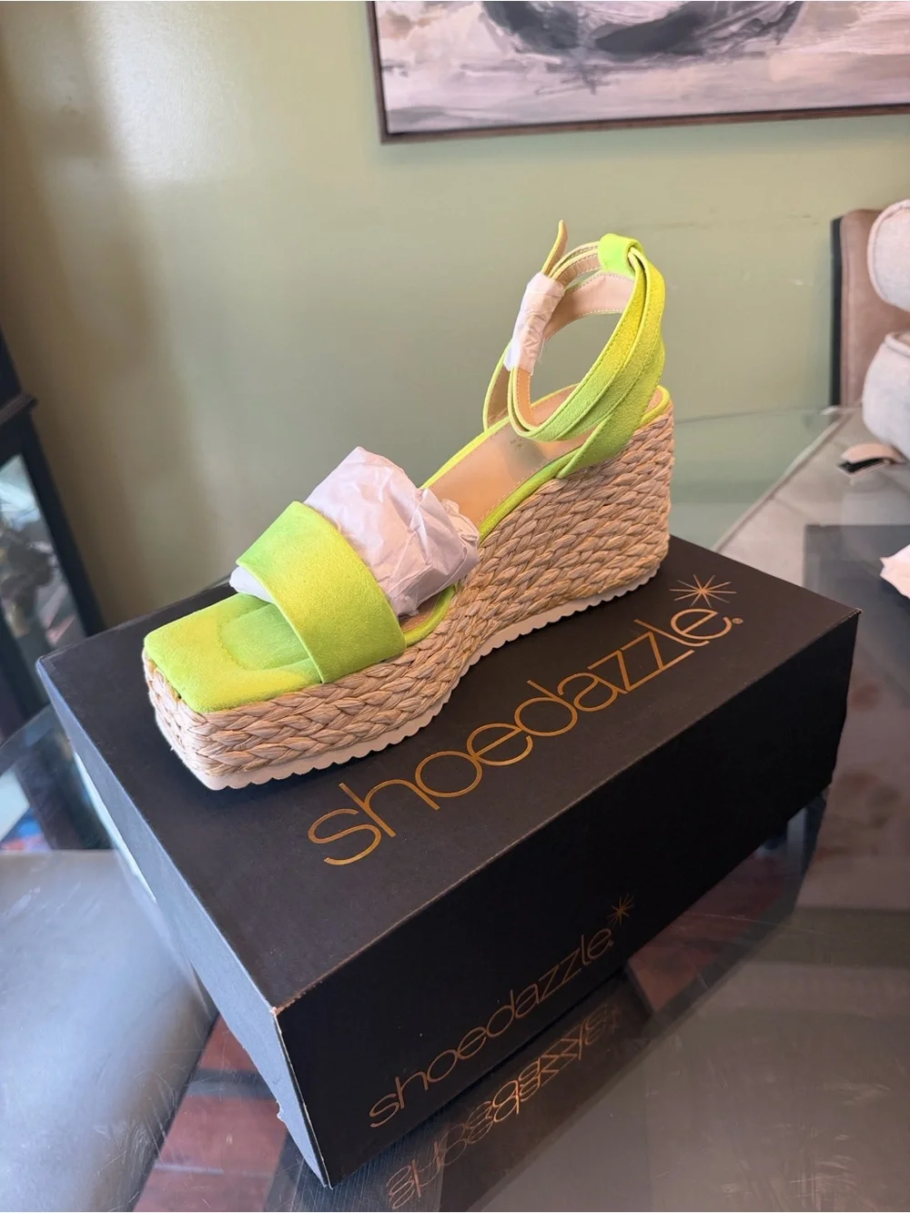 Shoe Dazzle Lime Green Espadrille Wedge Sandals
